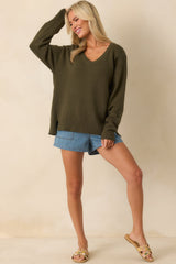 Z Supply Olive Green All Around Cotton V-Neck Sweater