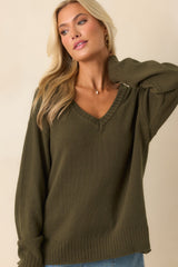 Z Supply Olive Green All Around Cotton V-Neck Sweater