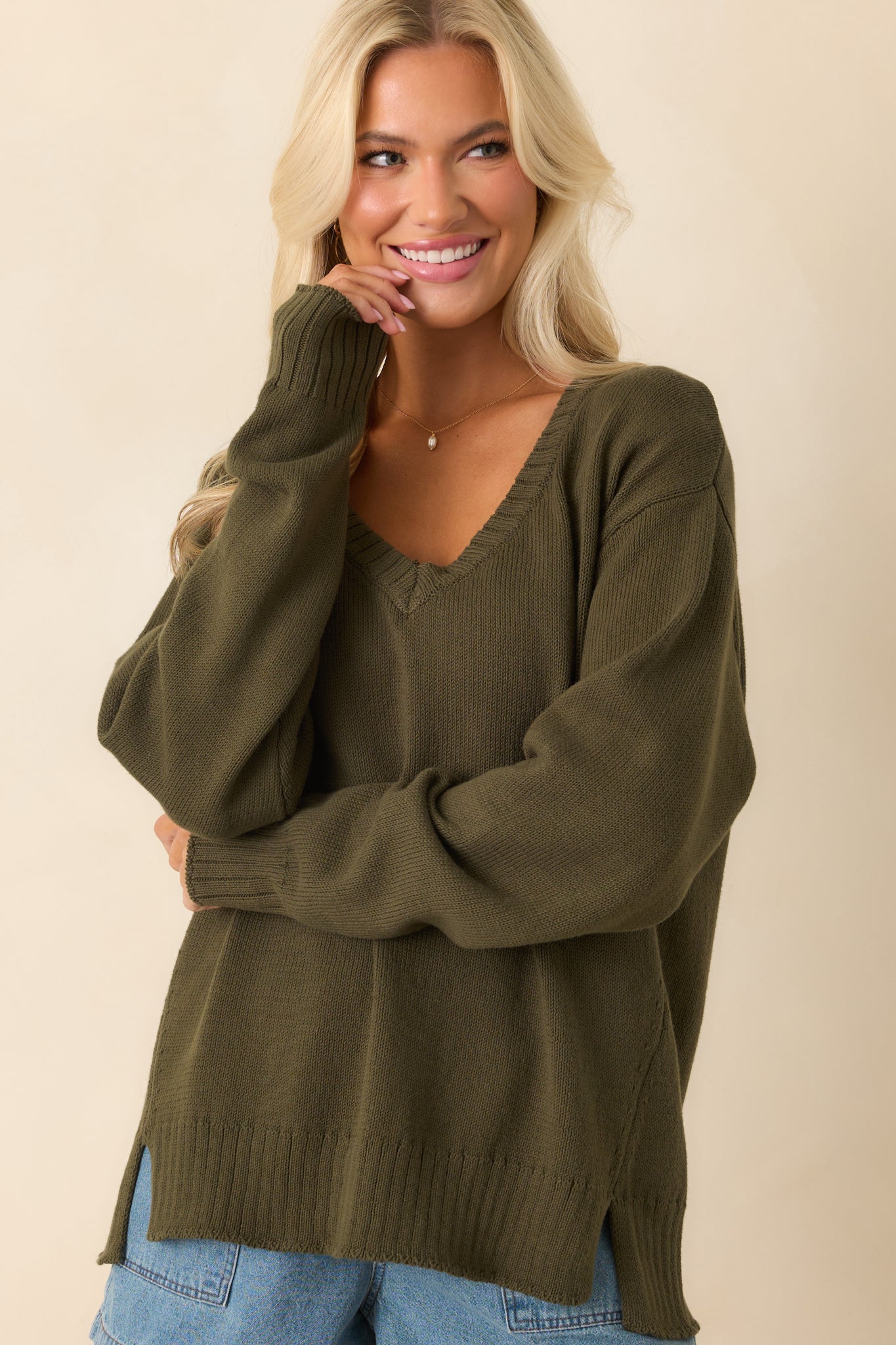 Z Supply Olive Green All Around Cotton V-Neck Sweater