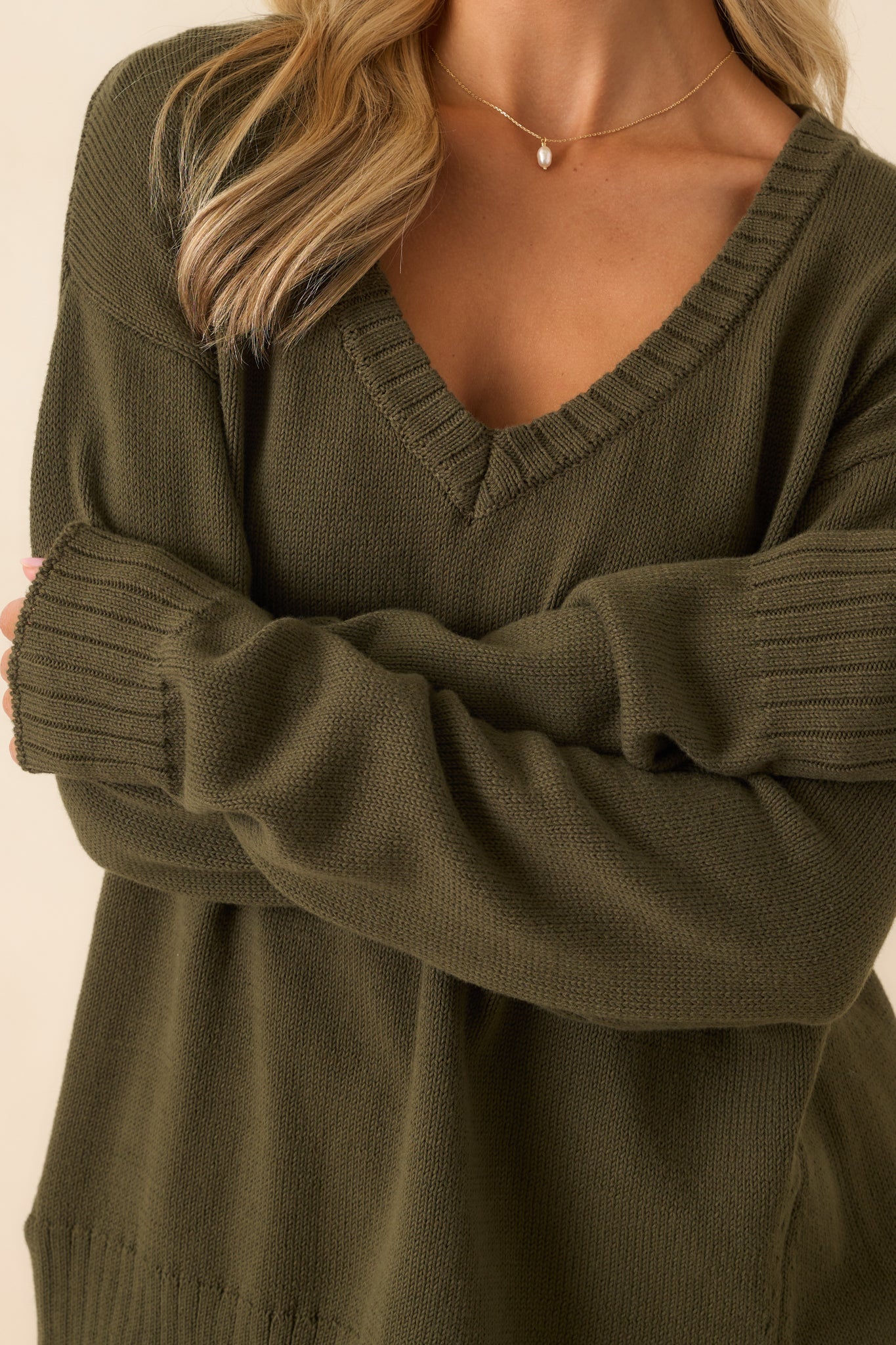 Z Supply Olive Green All Around Cotton V-Neck Sweater