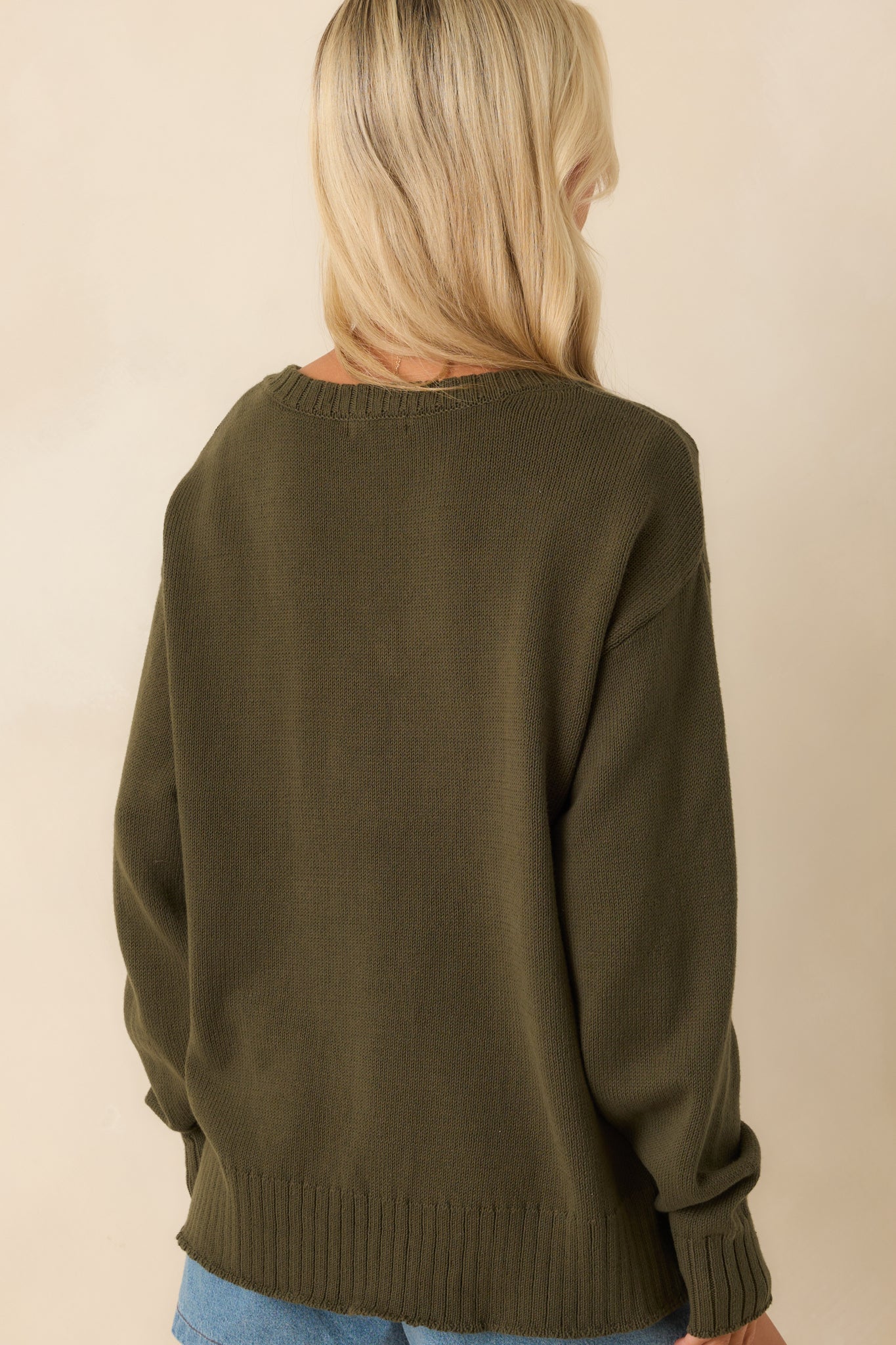 Z Supply Olive Green All Around Cotton V-Neck Sweater
