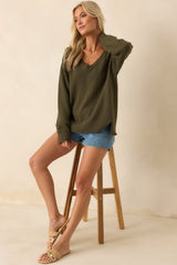 Z Supply Olive Green All Around Cotton V-Neck Sweater