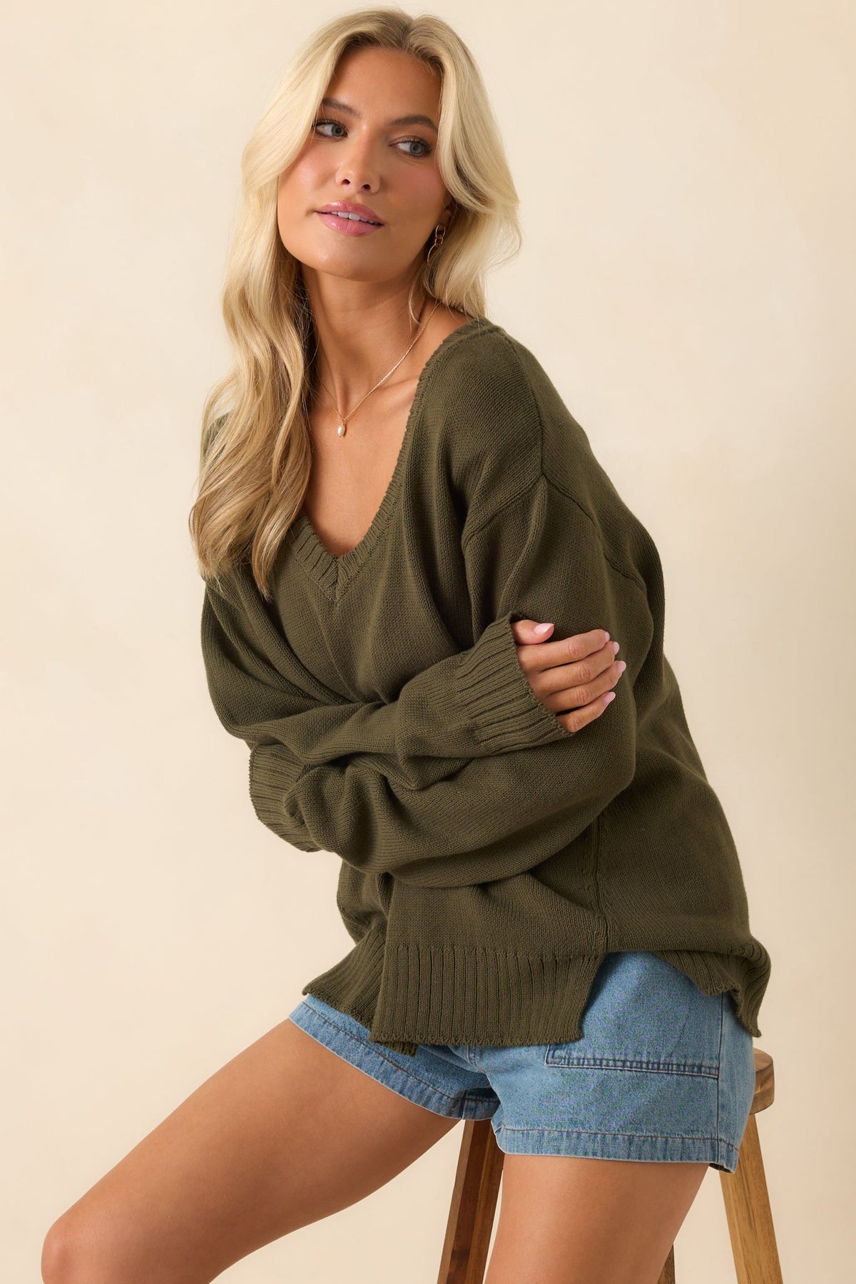 Z Supply Olive Green All Around Cotton V-Neck Sweater