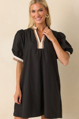 Chose The Day Black Cotton Contrast Trim Puff Sleeve Mini Dress