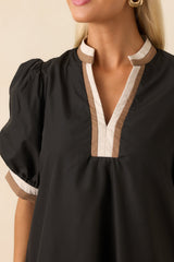 Chose The Day Black Cotton Contrast Trim Puff Sleeve Mini Dress