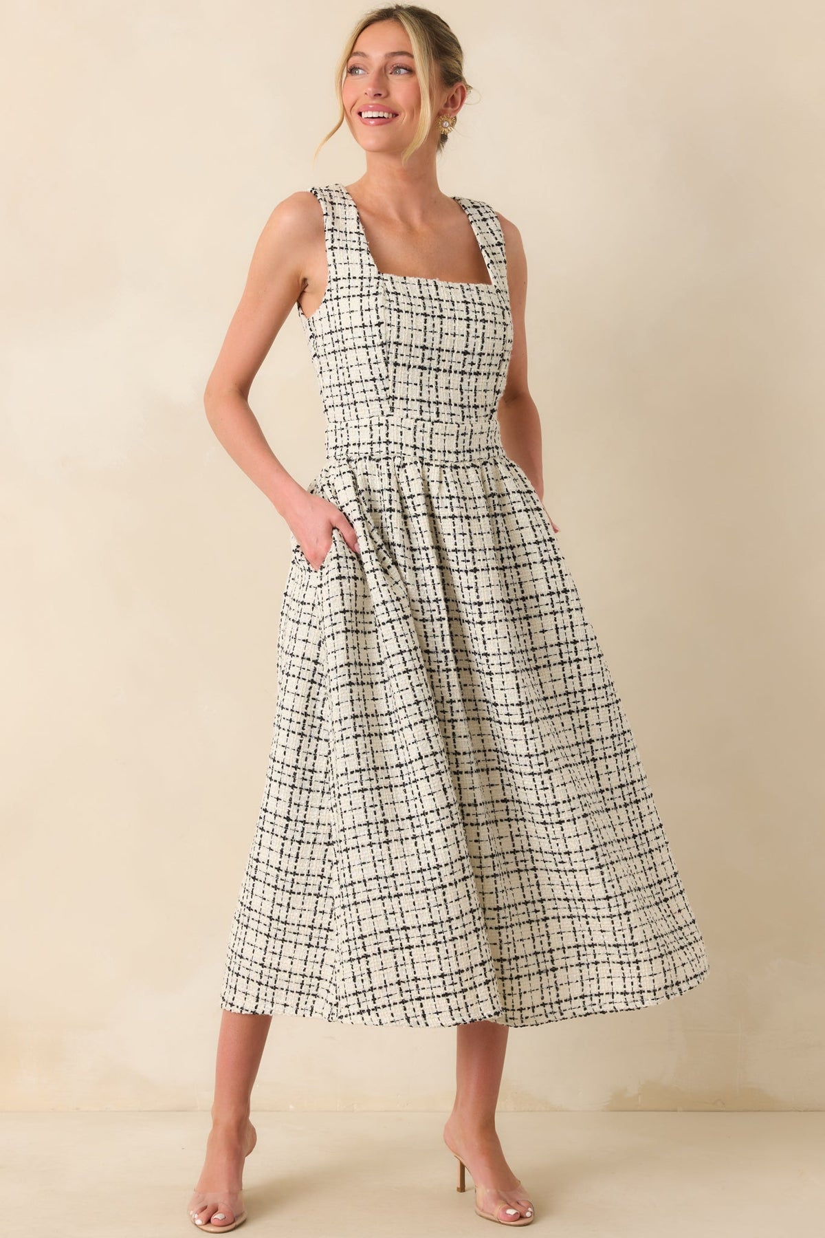 Runaway Hearts White & Black Tweed Midi Dress