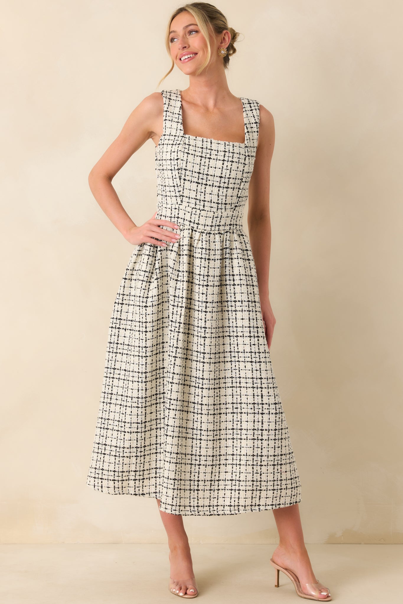 Runaway Hearts White & Black Tweed Midi Dress