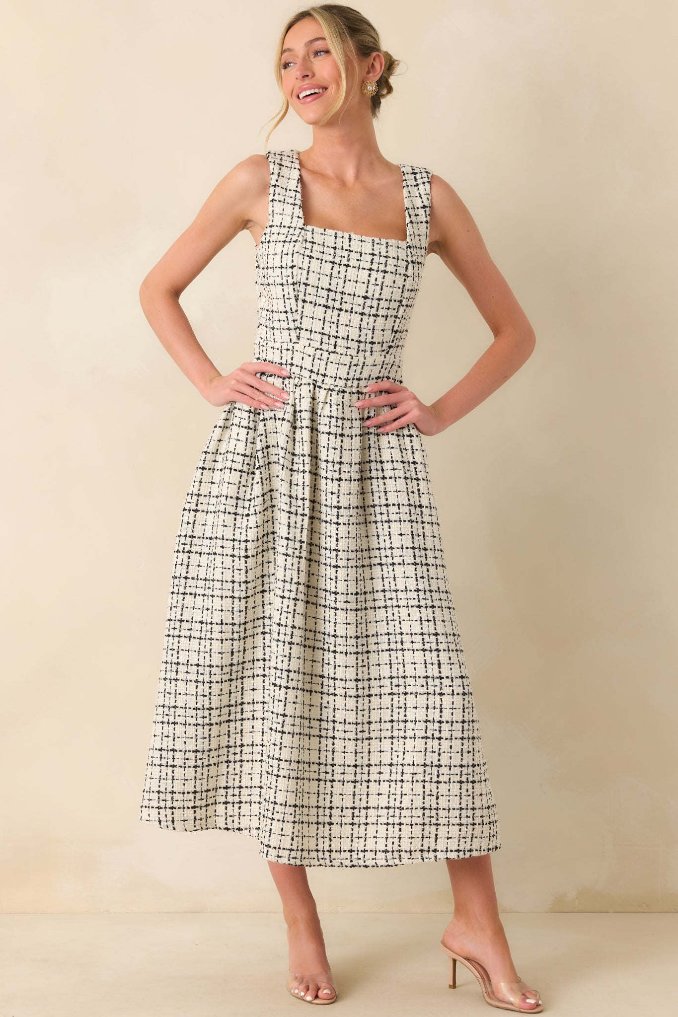 Runaway Hearts White & Black Tweed Midi Dress