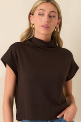 Plans Are Made Chocolate Brown Relaxed Mock Neck Cap Sleeve Top