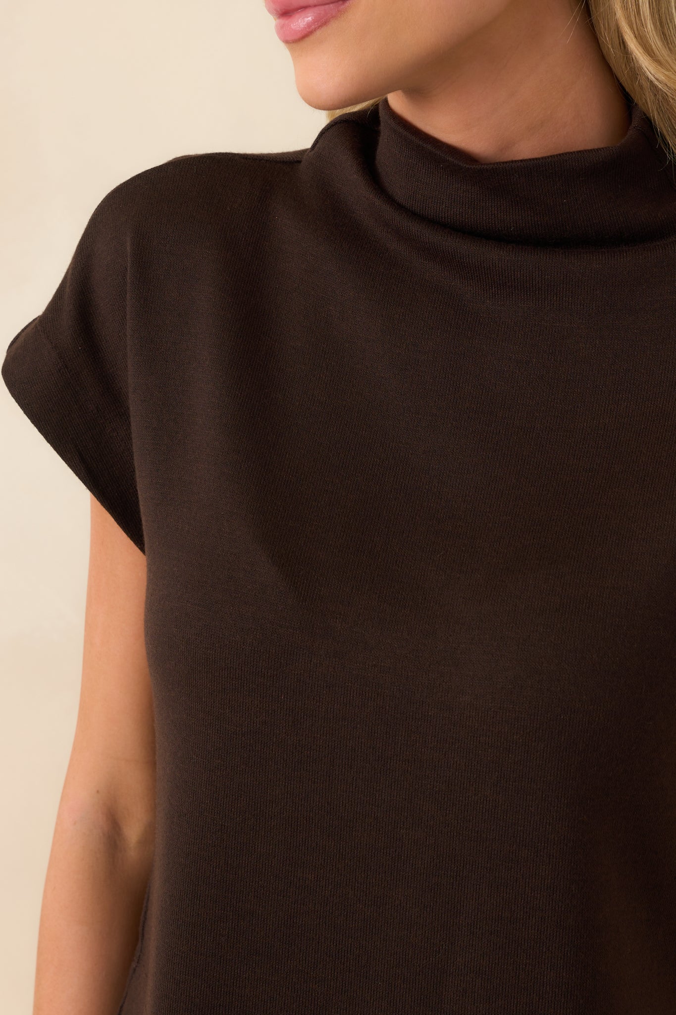 Plans Are Made Chocolate Brown Relaxed Mock Neck Cap Sleeve Top