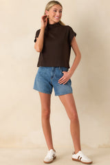 Plans Are Made Chocolate Brown Relaxed Mock Neck Cap Sleeve Top