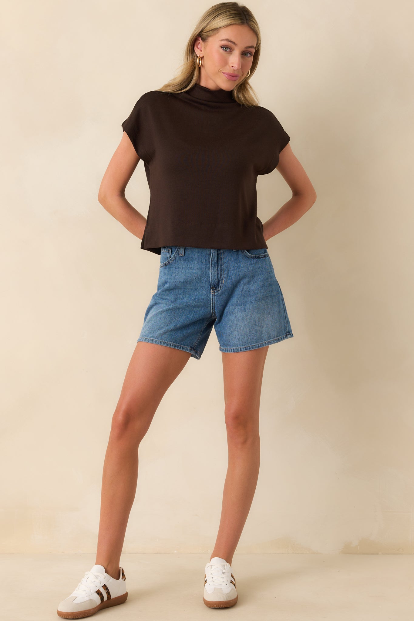 Plans Are Made Chocolate Brown Relaxed Mock Neck Cap Sleeve Top