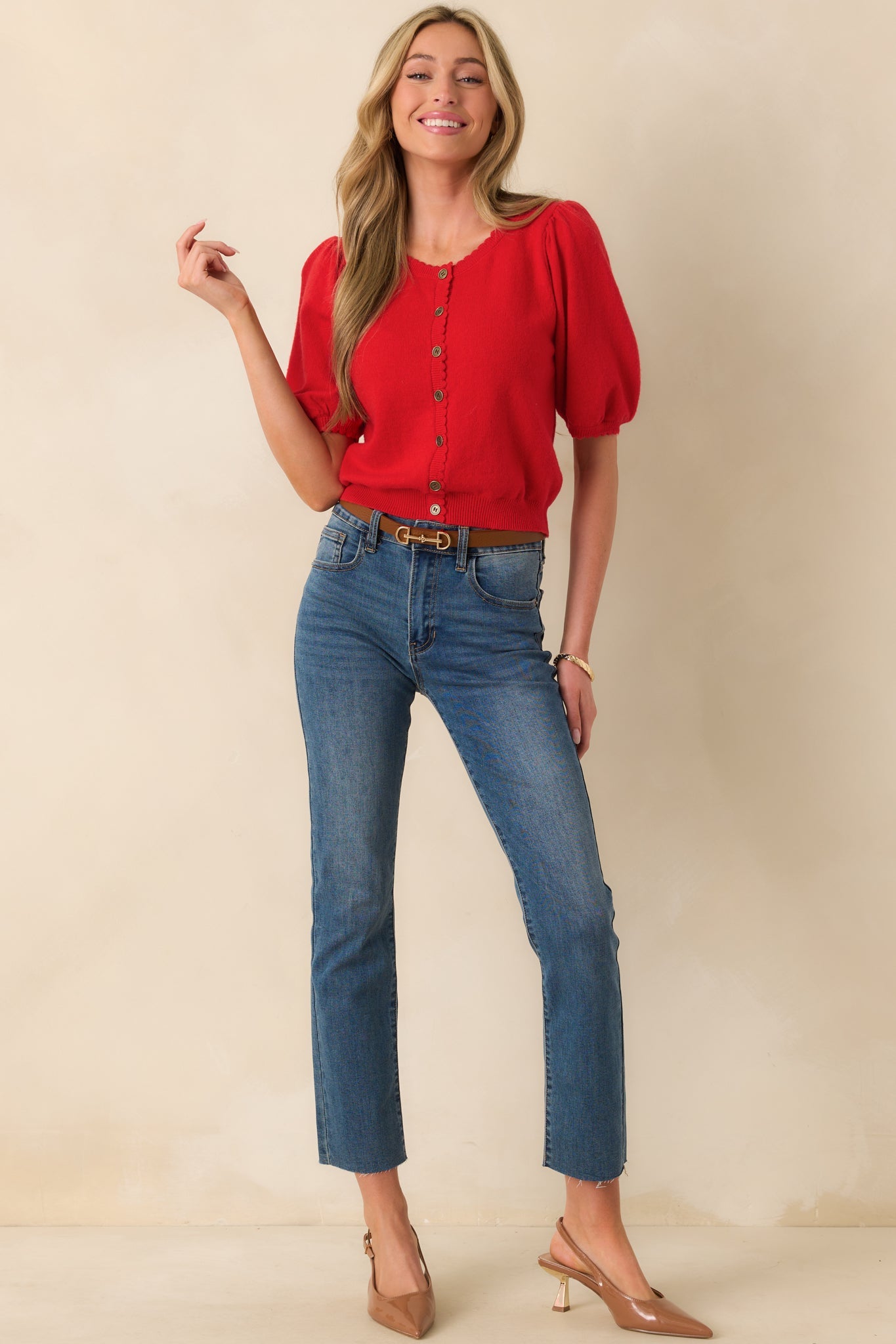 It's Always Right Red Short Sleeve Button Front Cardigan
