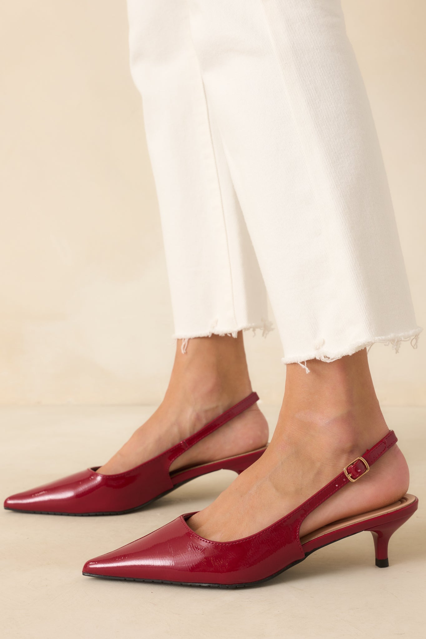 Meant To Be Me Red Patent Pointed-Toe Slingback Kitten Heels