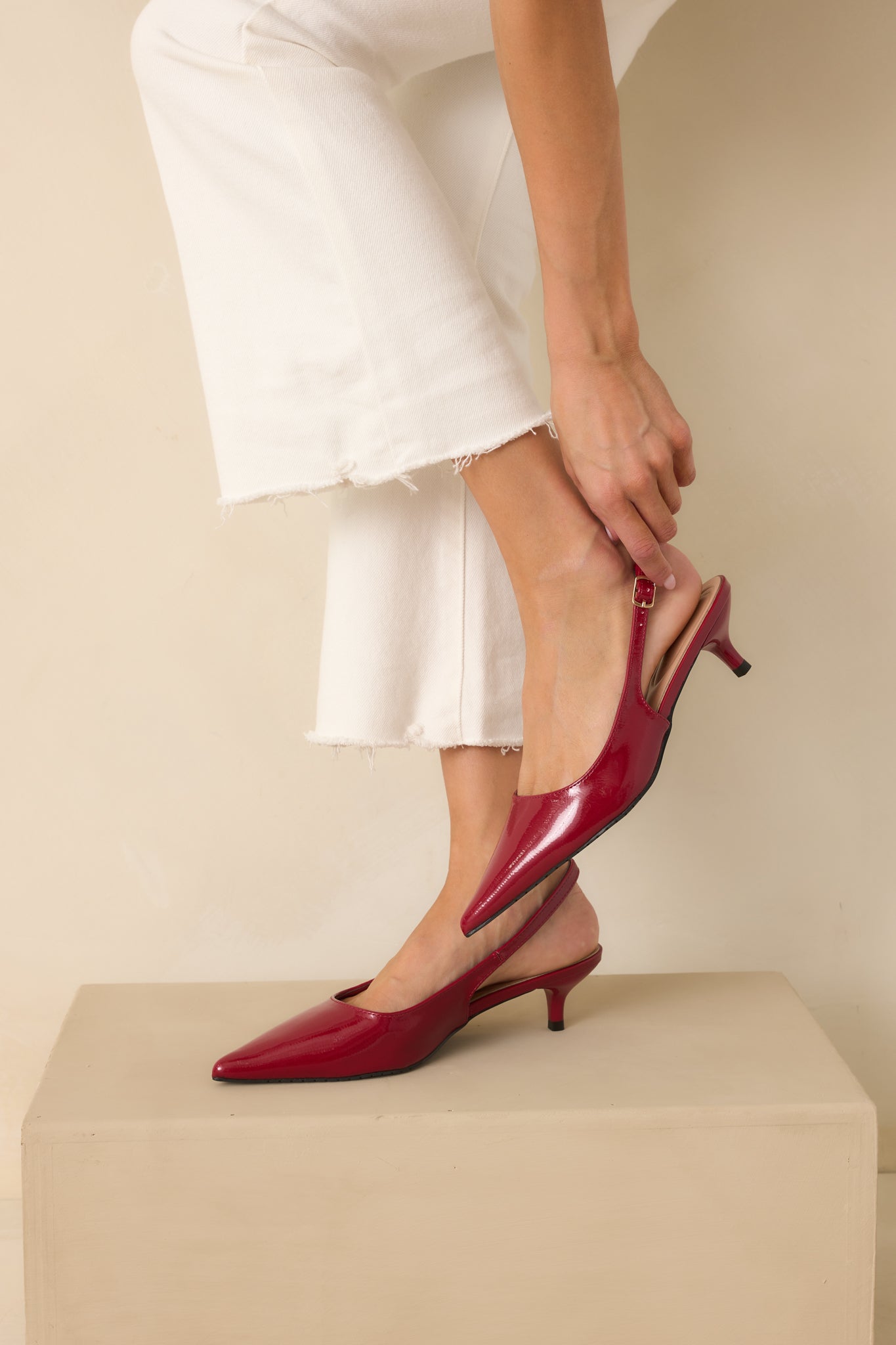 Meant To Be Me Red Patent Pointed-Toe Slingback Kitten Heels
