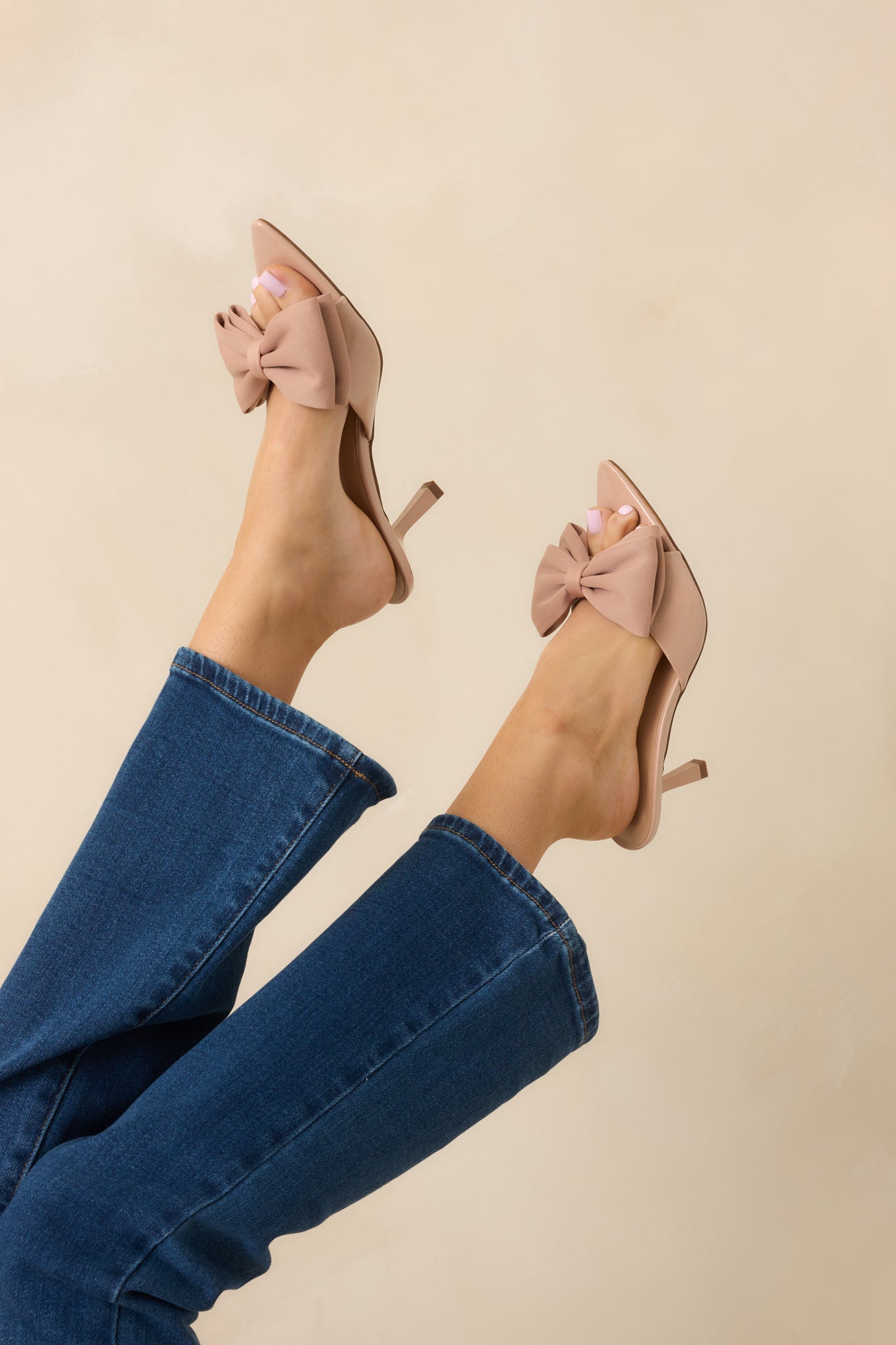 Taking In The View Beige Satin Bow Open-Toe Kitten Heels