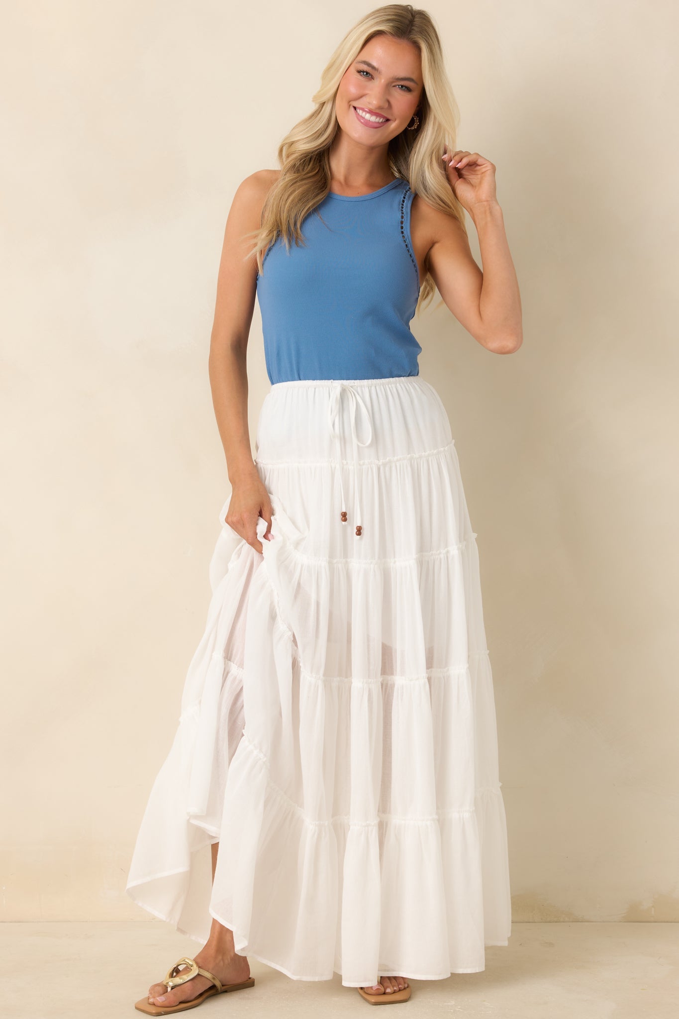 Slow Dancing at Sunset Ivory Cotton Tiered Maxi Skirt