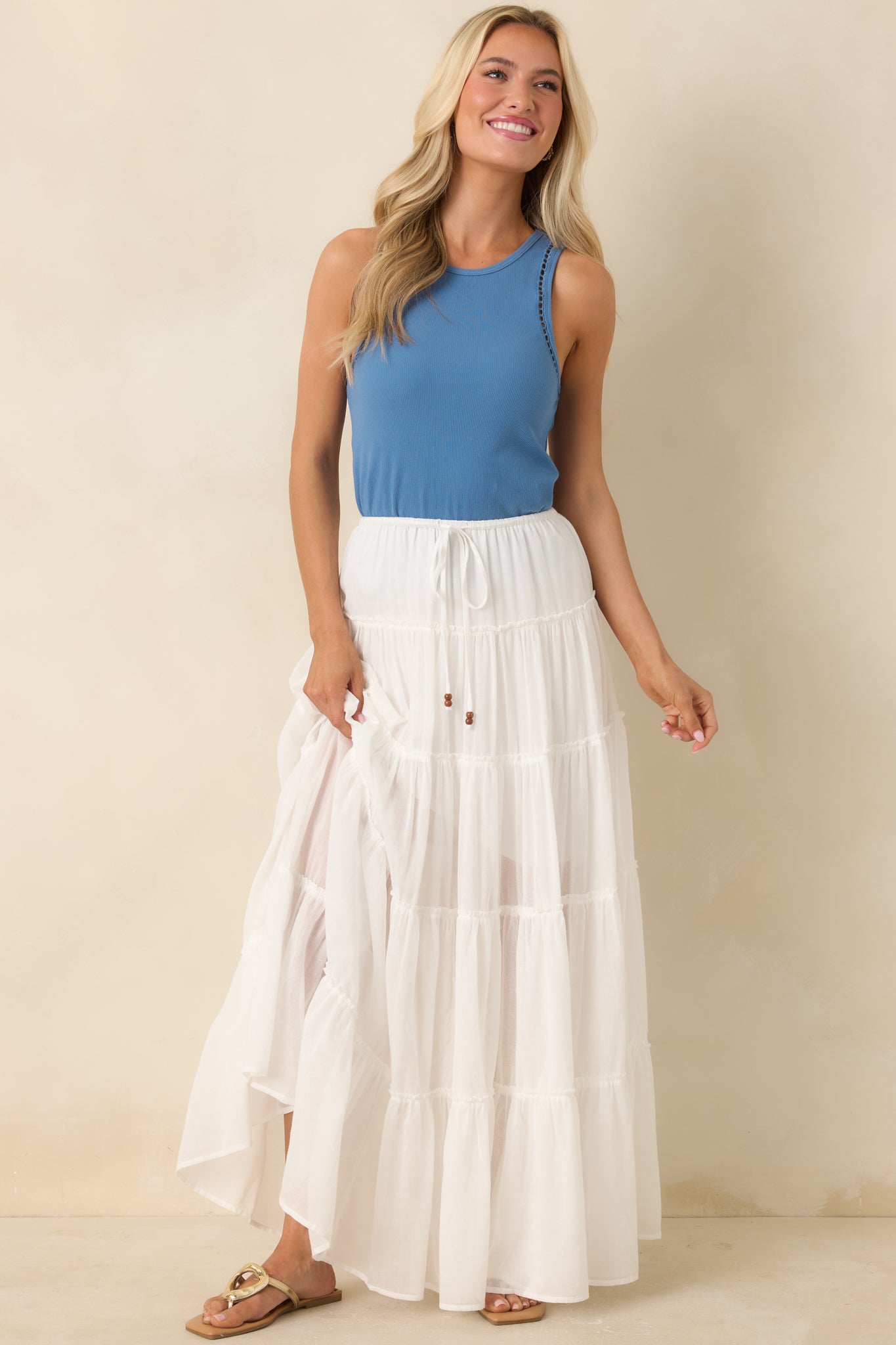 Slow Dancing at Sunset Ivory Cotton Tiered Maxi Skirt