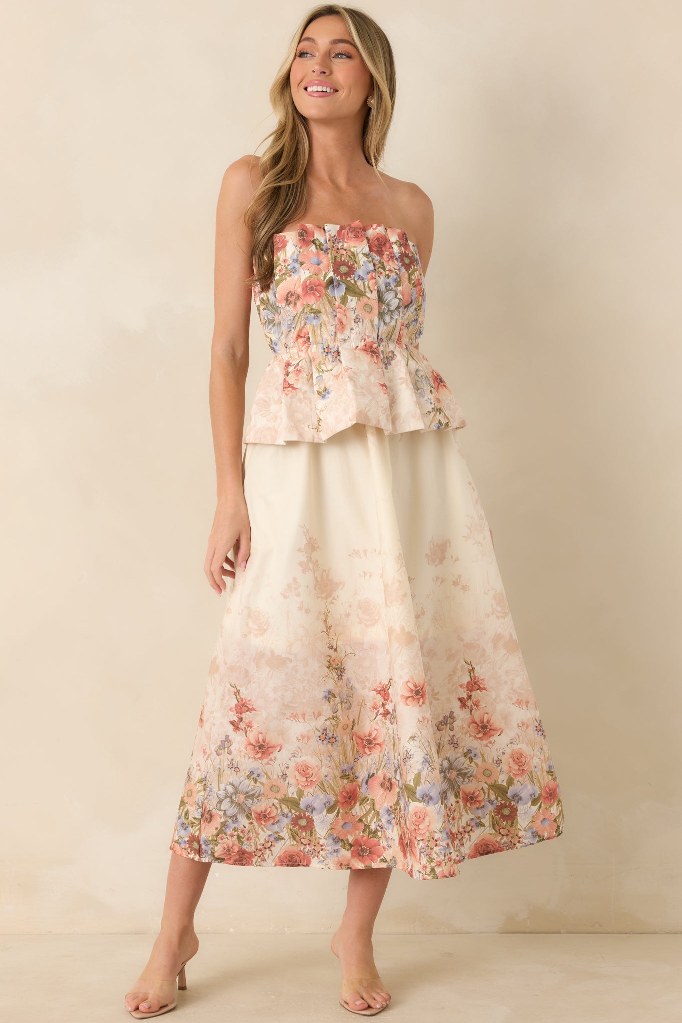 Gathered in Grace Pink Multi Floral Cotton Strapless Midi Dress