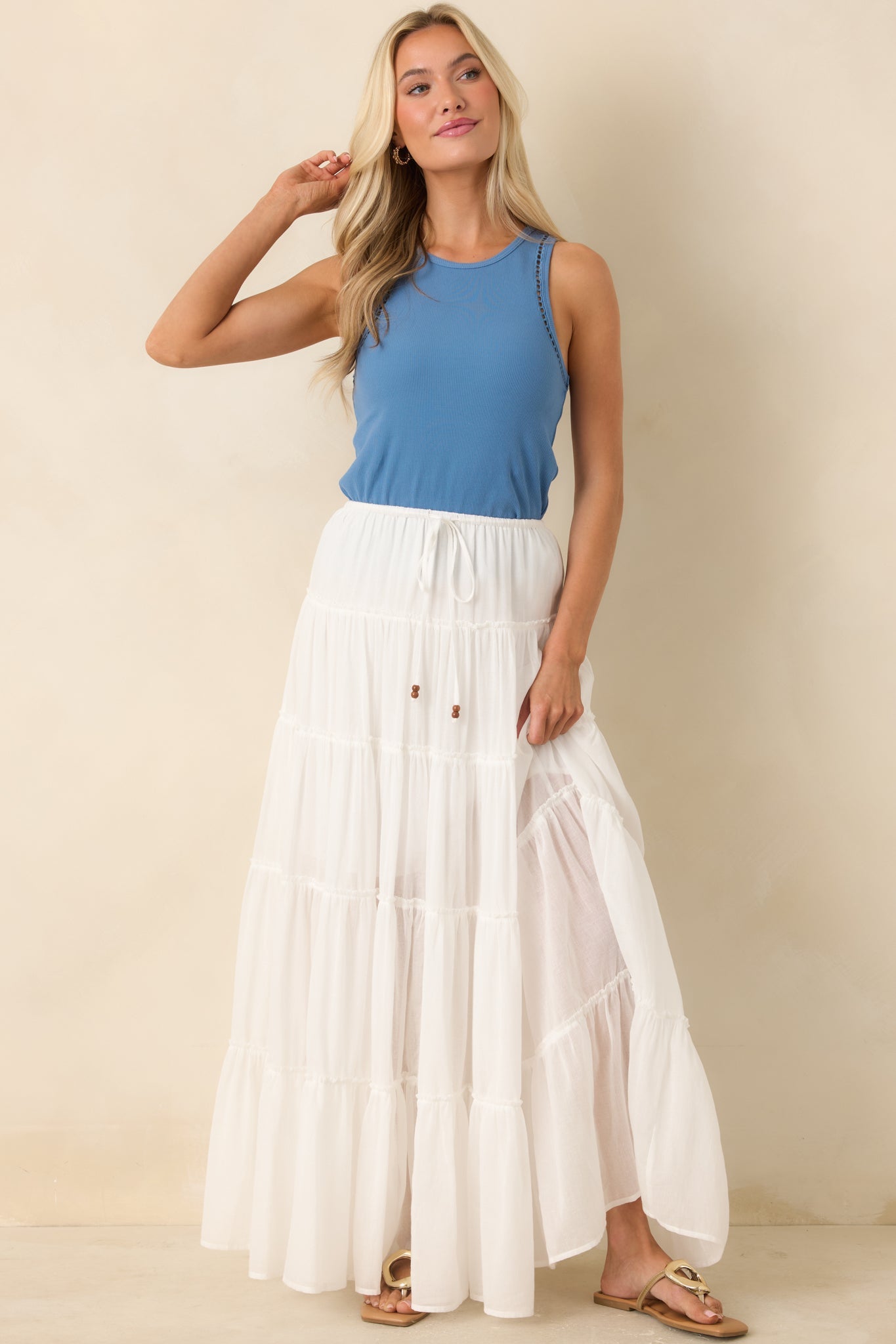 Slow Dancing at Sunset Ivory Cotton Tiered Maxi Skirt