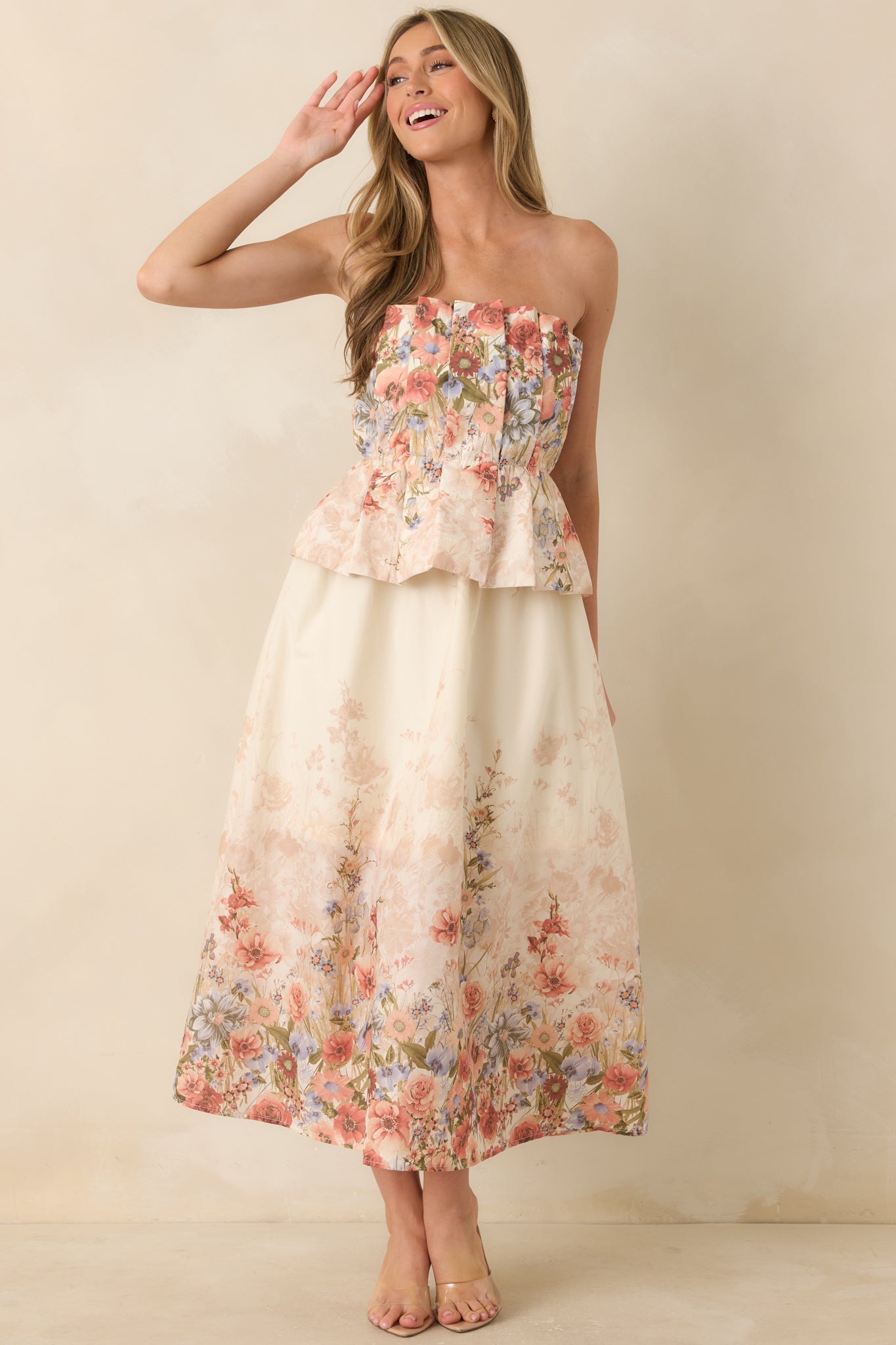 Gathered in Grace Pink Multi Floral Cotton Strapless Midi Dress