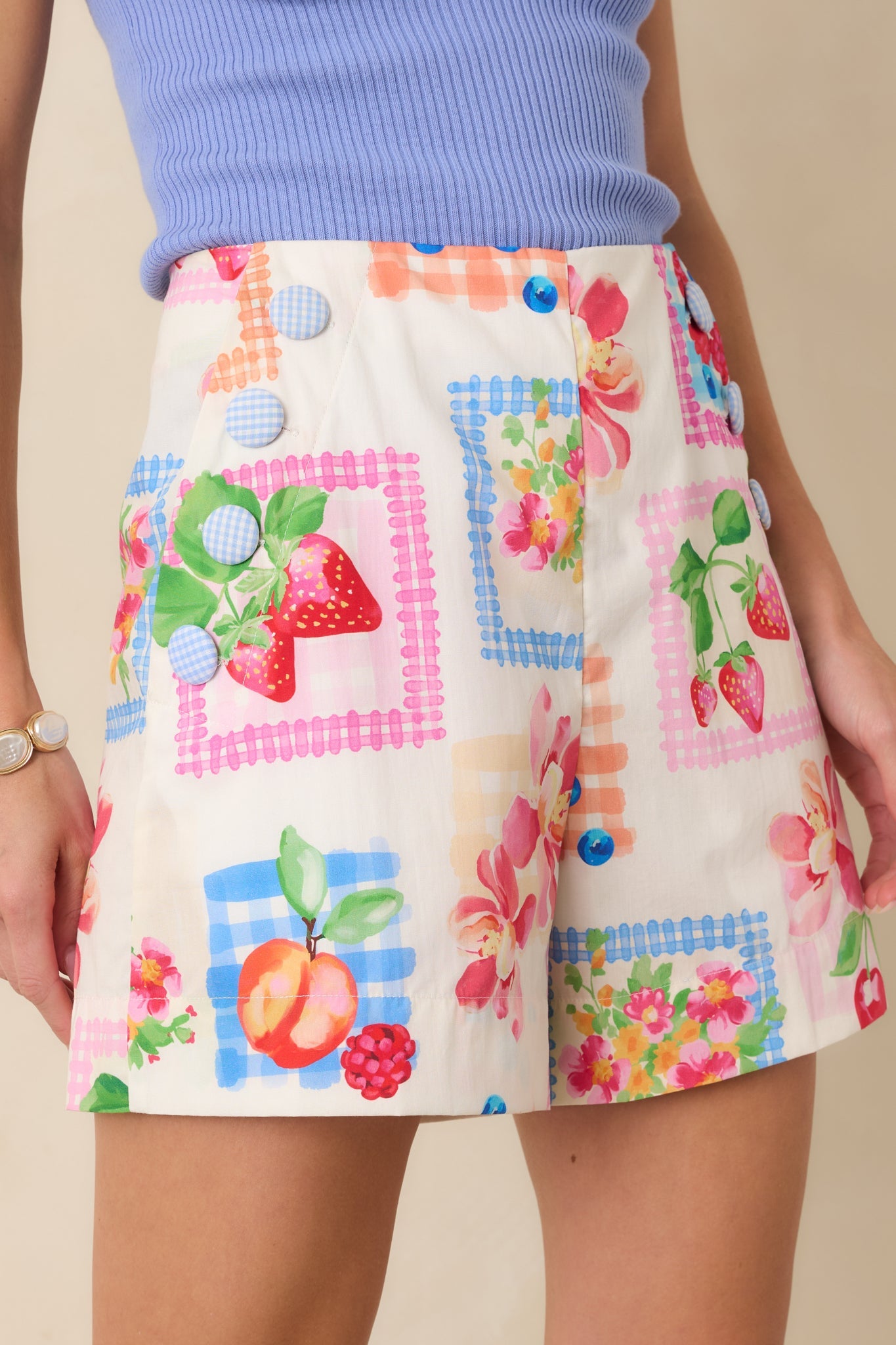 Prosperina Sylvie Multi Cotton Fruit Print Button Detail Shorts