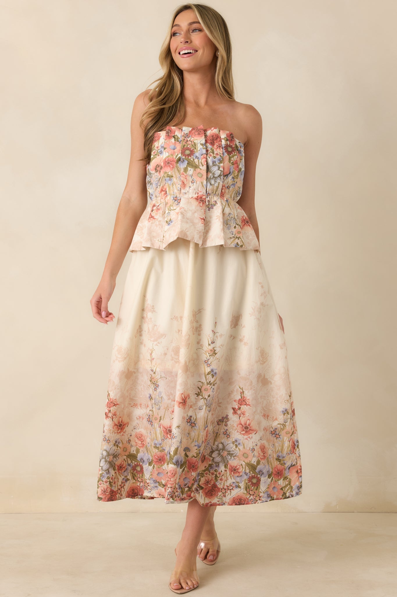Gathered in Grace Pink Multi Floral Cotton Strapless Midi Dress