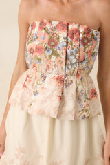 Gathered in Grace Pink Multi Floral Cotton Strapless Midi Dress