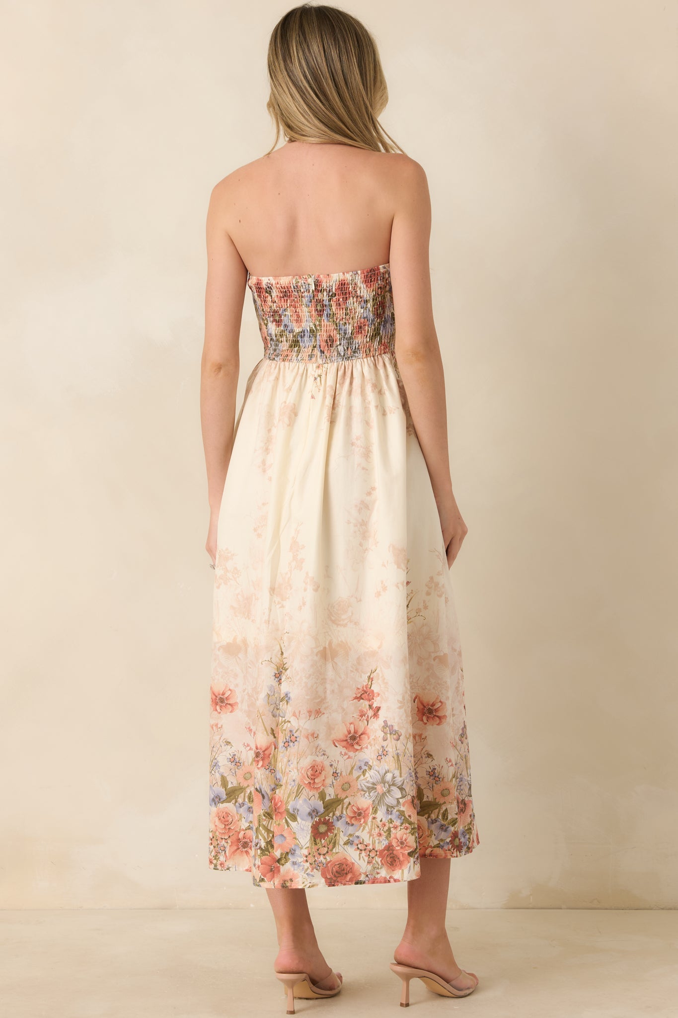 Gathered in Grace Pink Multi Floral Cotton Strapless Midi Dress
