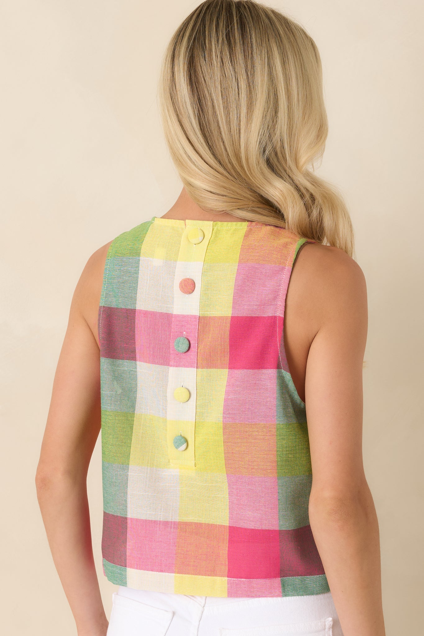Prosperina Courtney Pink Multi Plaid Cotton Sleeveless Top