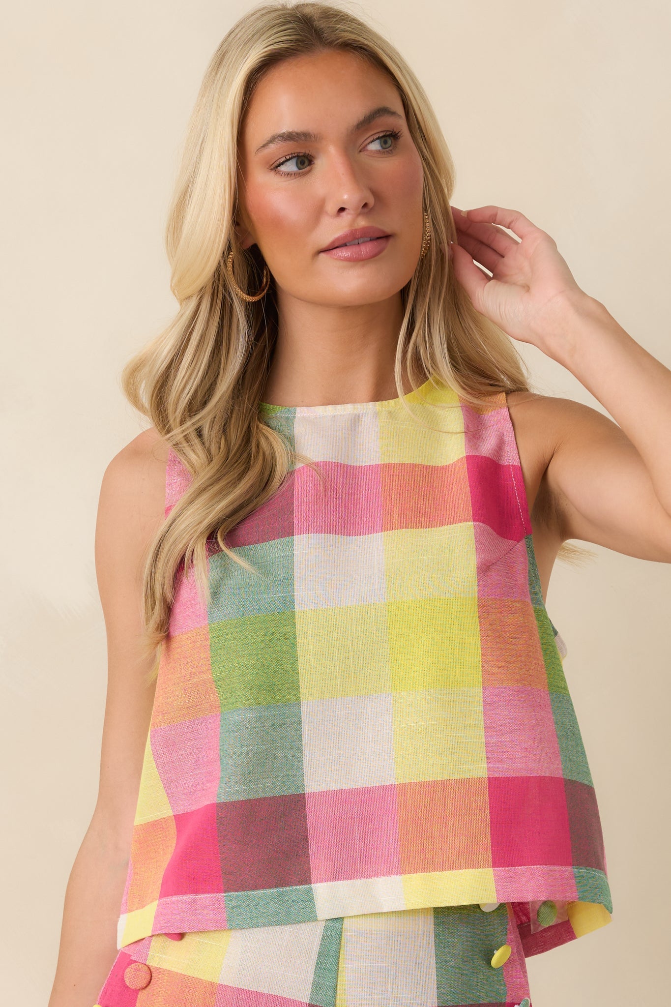 Prosperina Courtney Pink Multi Plaid Cotton Sleeveless Top