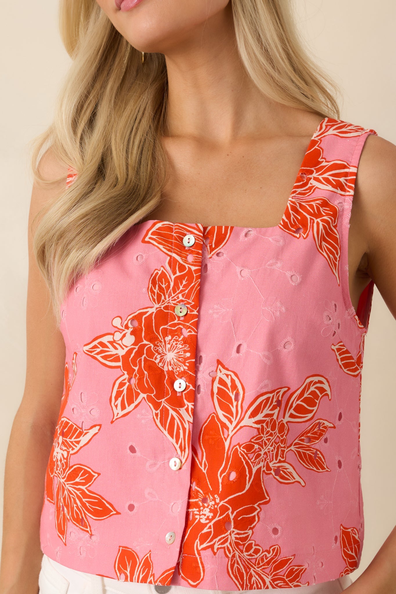 Just One of Those Days Pink & Red Floral Cotton Button Front Crop Top