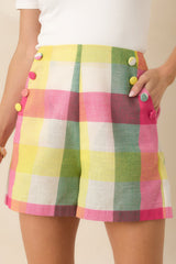 Prosperina Sylvie Pink Multi Plaid Cotton Button Detail Shorts