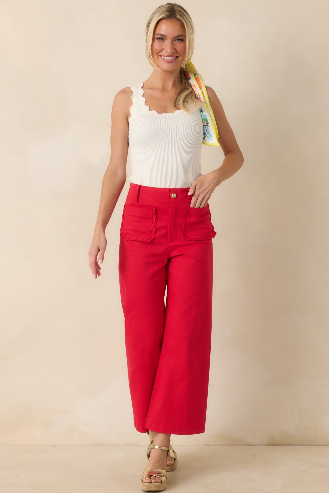 Prosperina Miller Cherry Red Cotton Scalloped Pocket Pants