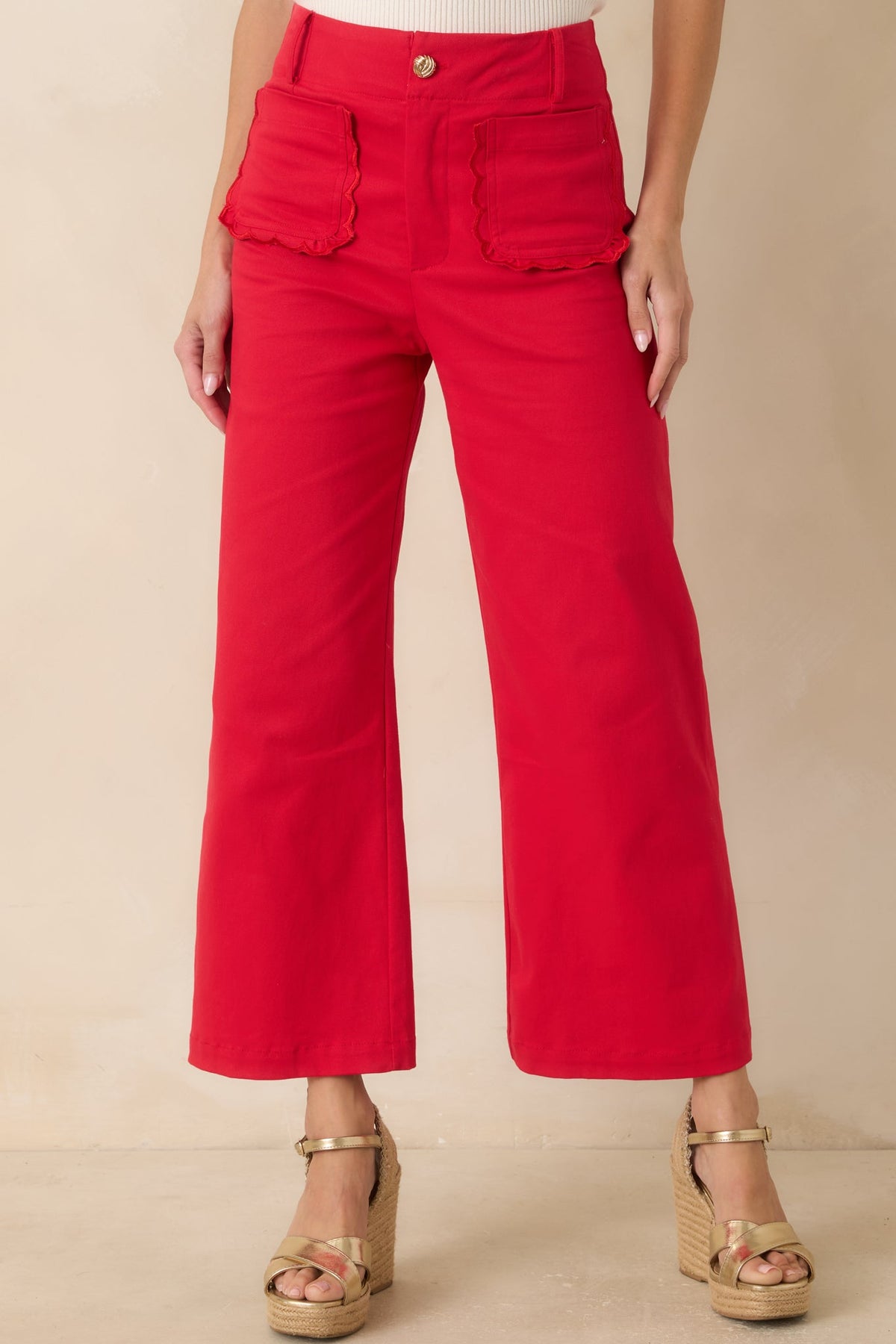 Prosperina Miller Cherry Red Cotton Scalloped Pocket Pants