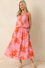 Just One of Those Days Pink & Red Floral Cotton Maxi Skirt