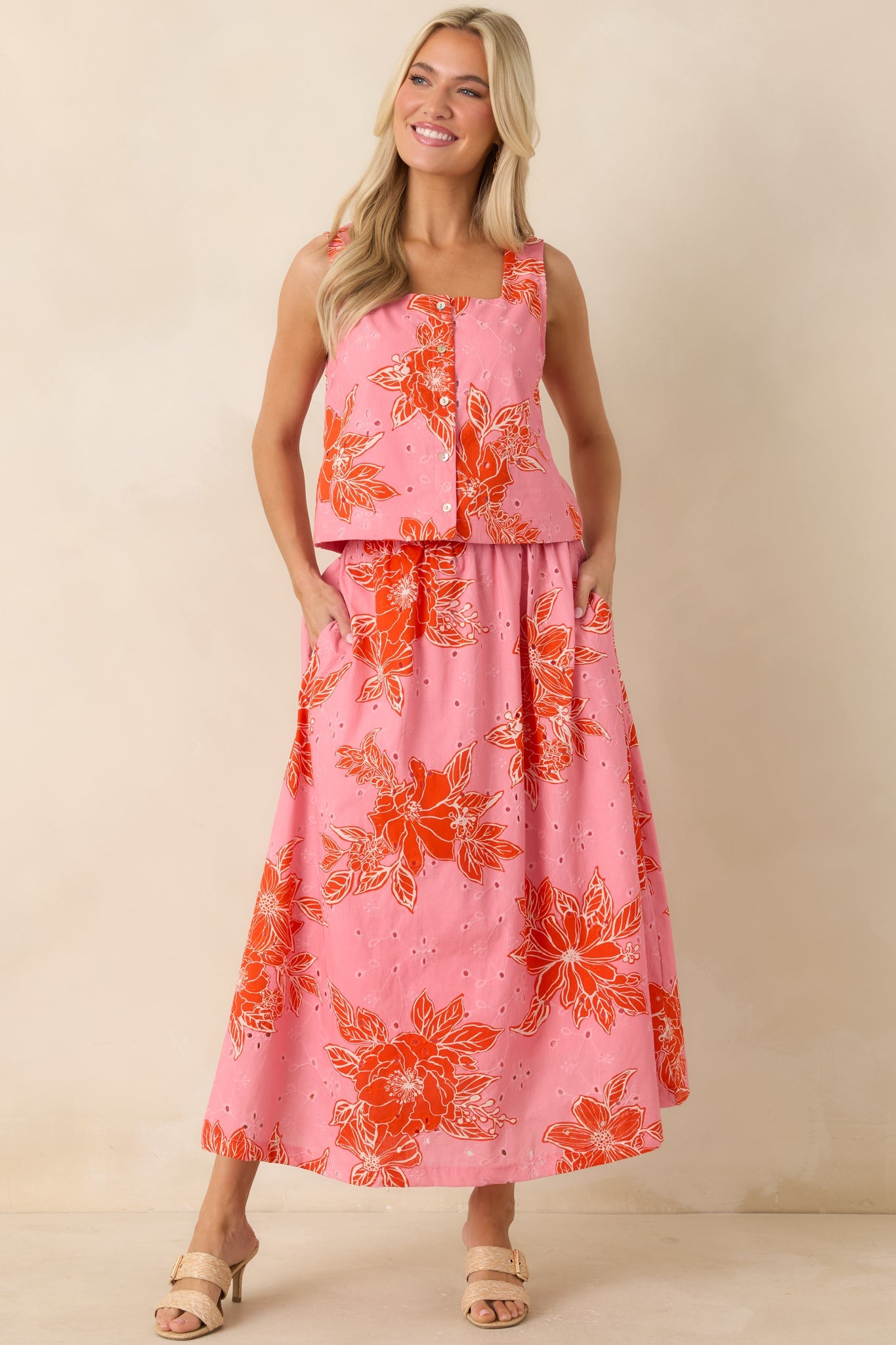Just One of Those Days Pink & Red Floral Cotton Maxi Skirt