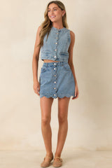 Bend the Rules Medium Wash Cotton Denim Scalloped Mini Skirt