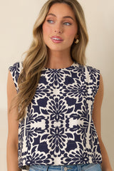 Dinner On The Terrace Navy Sicilian Tile Print Sleeveless Top