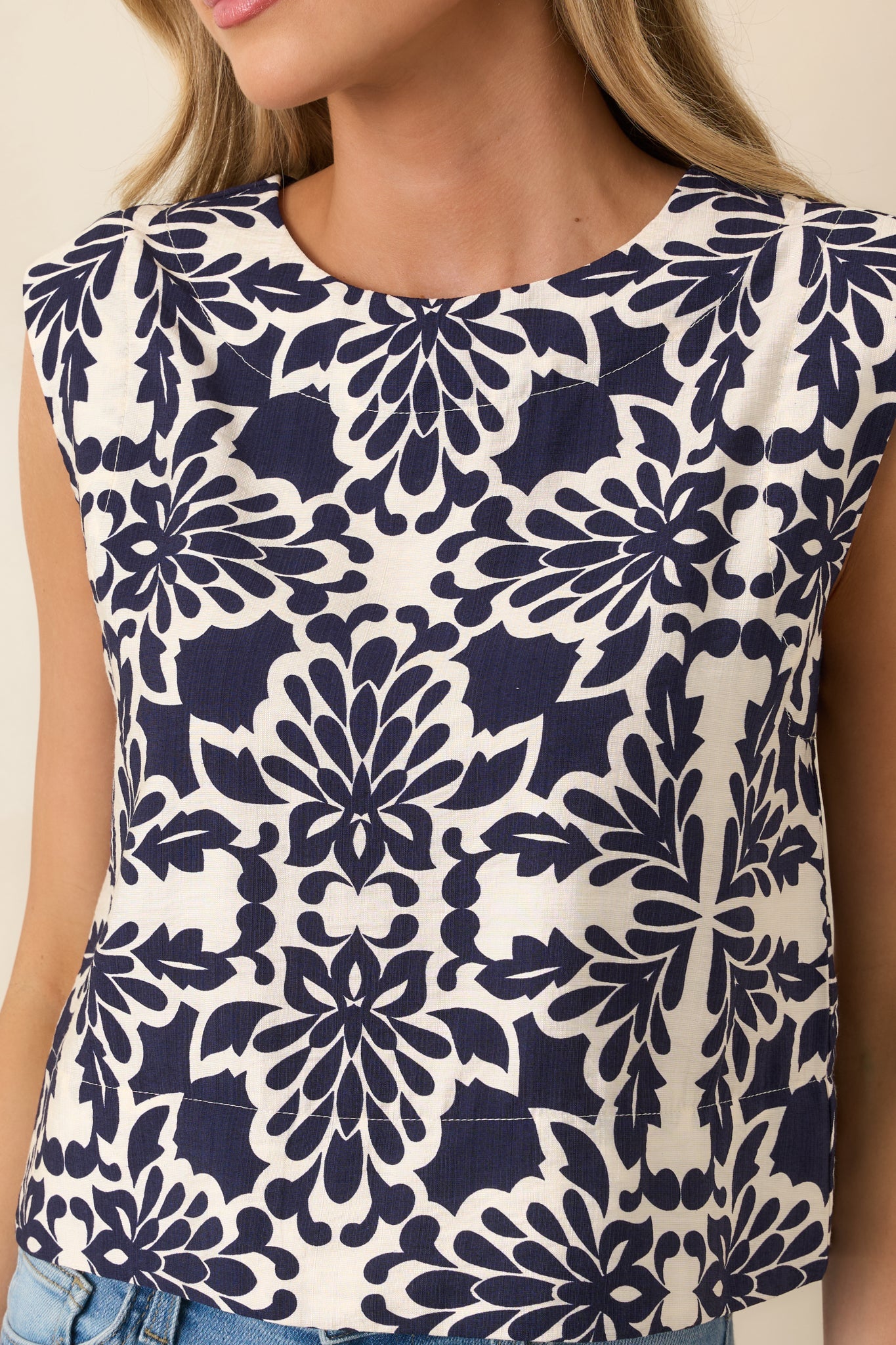 Dinner On The Terrace Navy Sicilian Tile Print Sleeveless Top