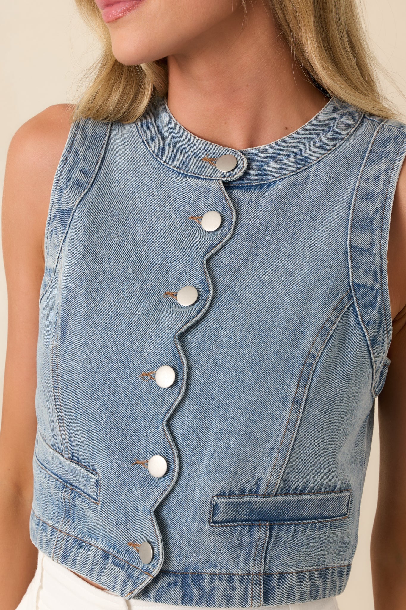 Bend the Rules Medium Wash Cotton Denim Scalloped Crop Top