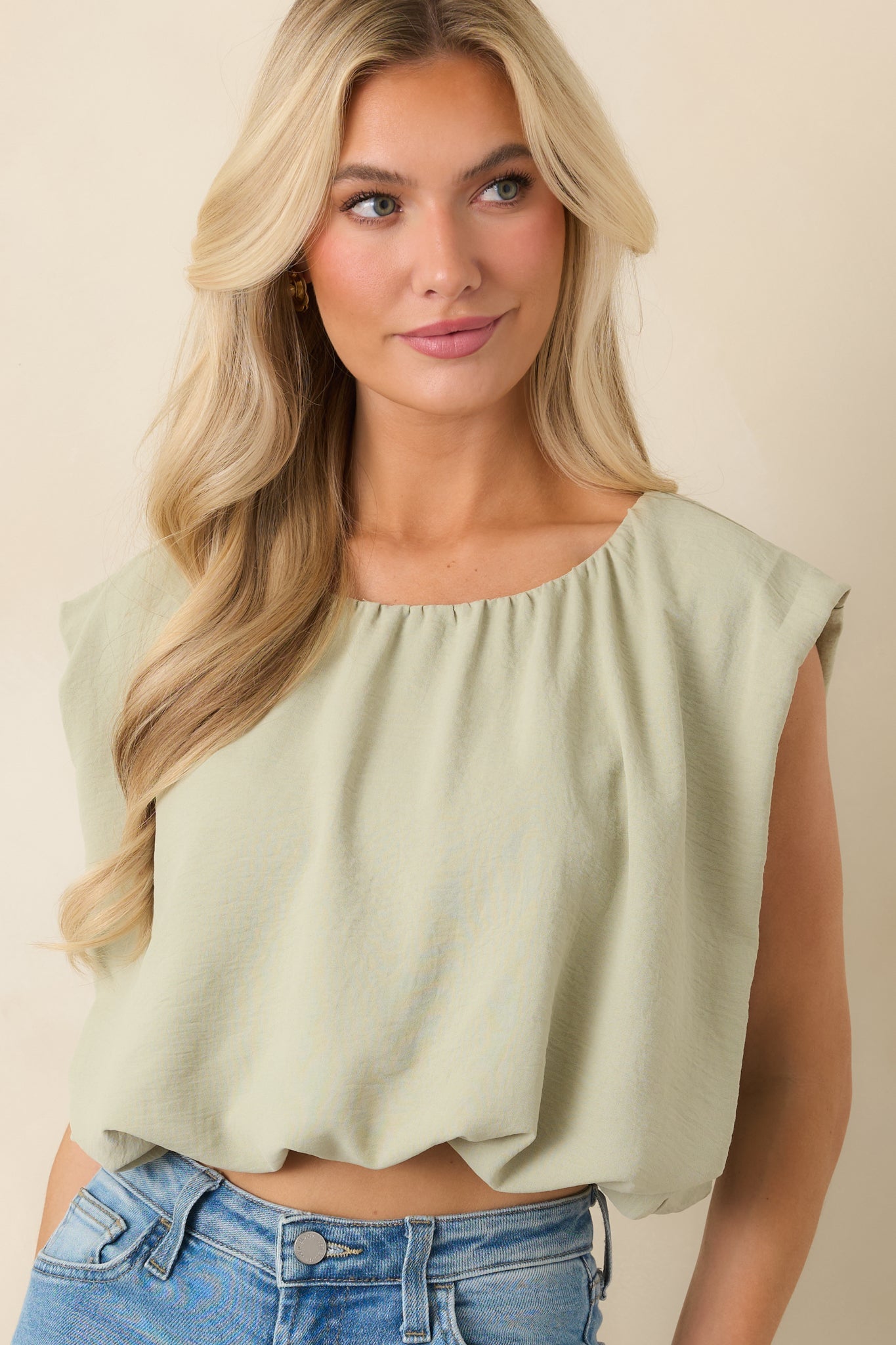 Ebb and Flow Sage Green Blouson Crop Top