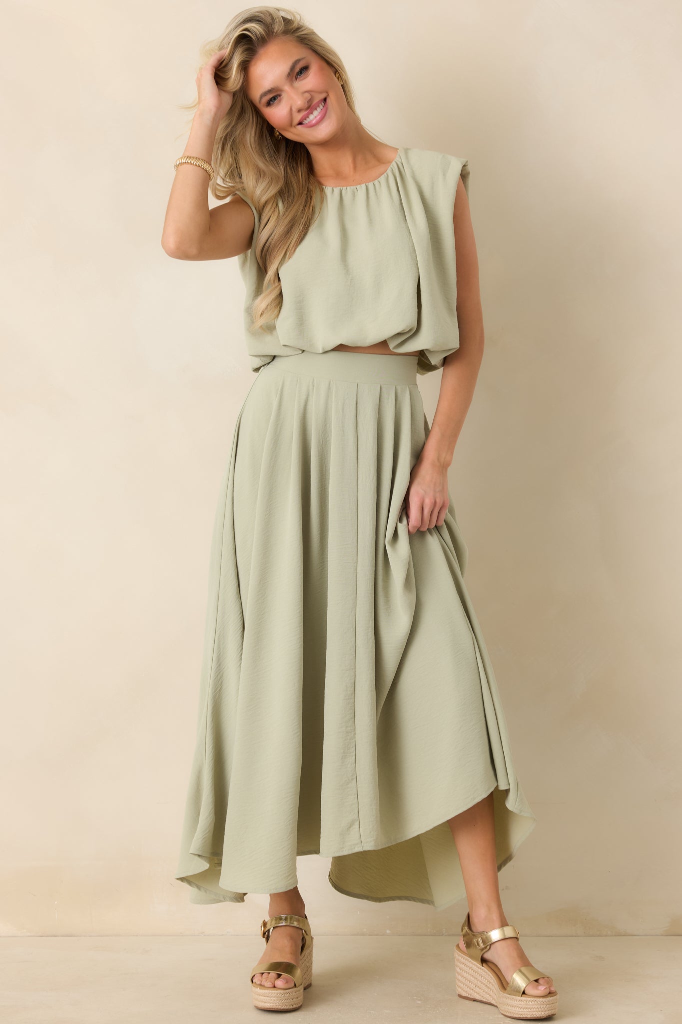Ebb and Flow Sage Green Curved Hem Maxi Skirt