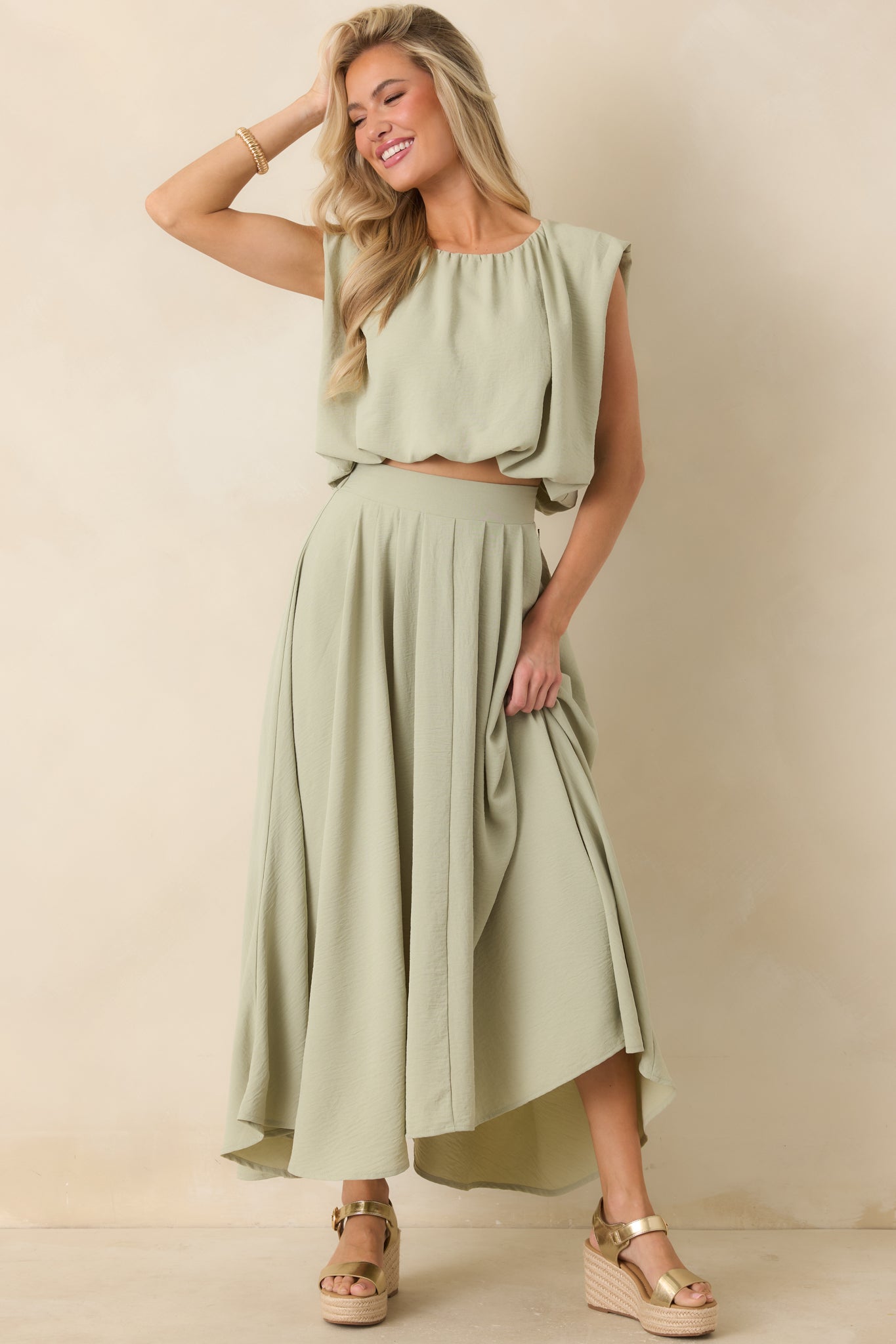 Ebb and Flow Sage Green Blouson Crop Top