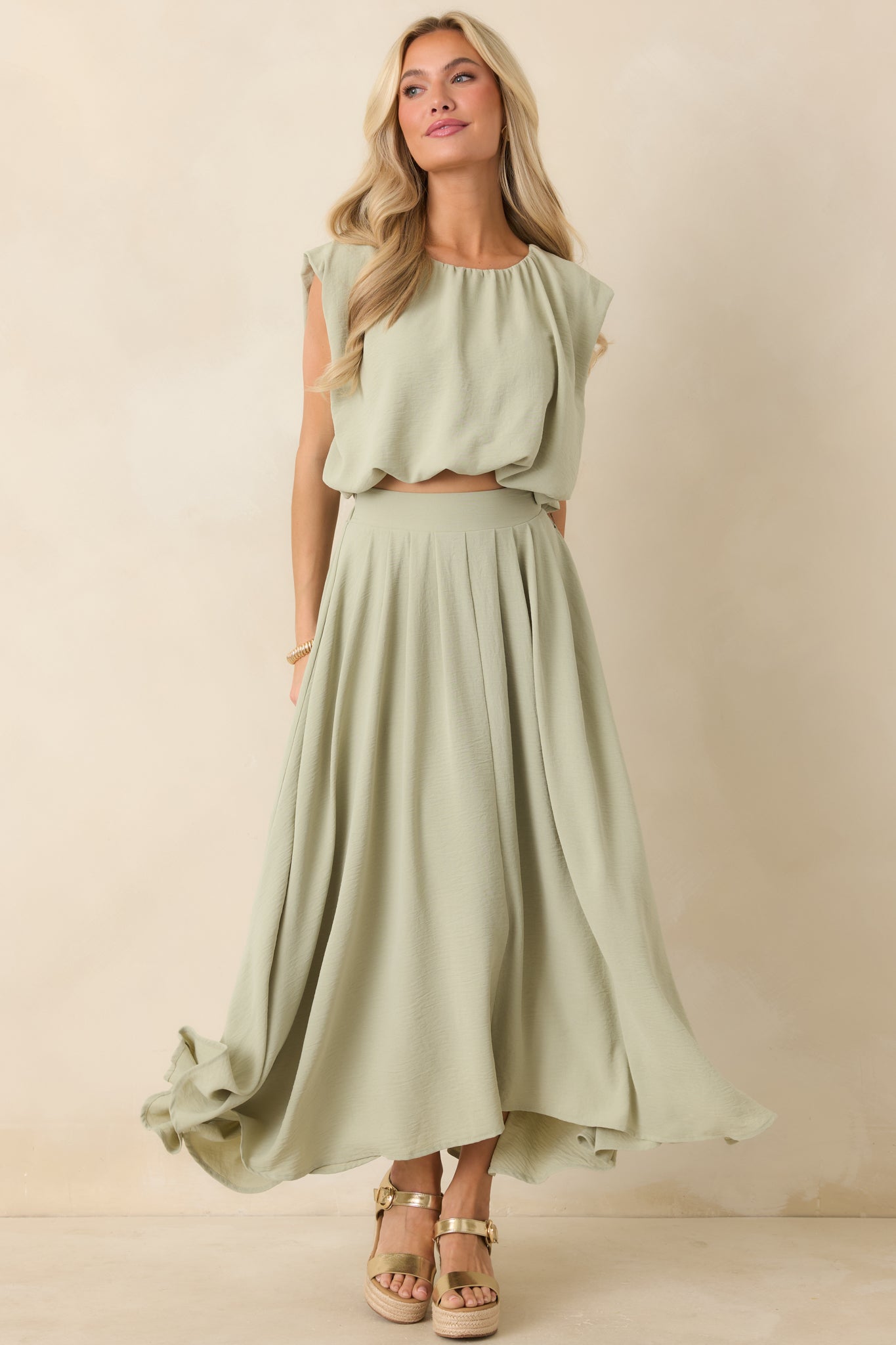Ebb and Flow Sage Green Curved Hem Maxi Skirt