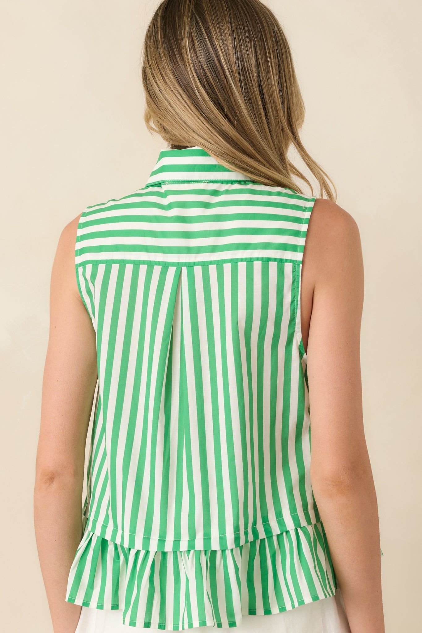 Tied Up Cute Green & White Cotton Stripe Button Front Top