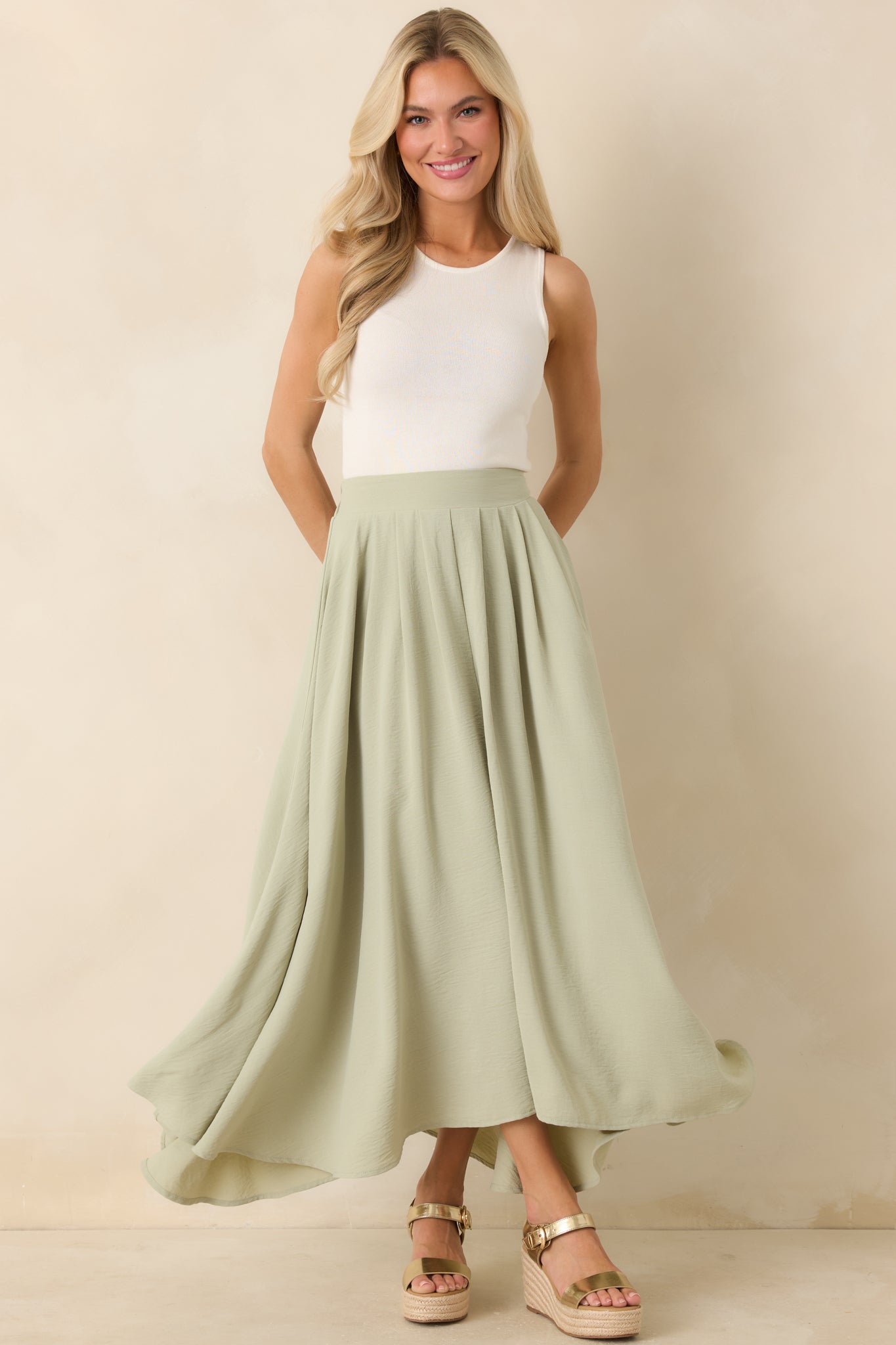 Ebb and Flow Sage Green Curved Hem Maxi Skirt