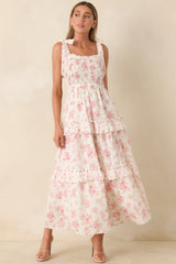 Afternoon Like This Ivory & Pink Floral Ruffle Tiered Cotton Midi Dress
