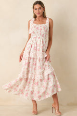 Afternoon Like This Ivory & Pink Floral Ruffle Tiered Cotton Midi Dress