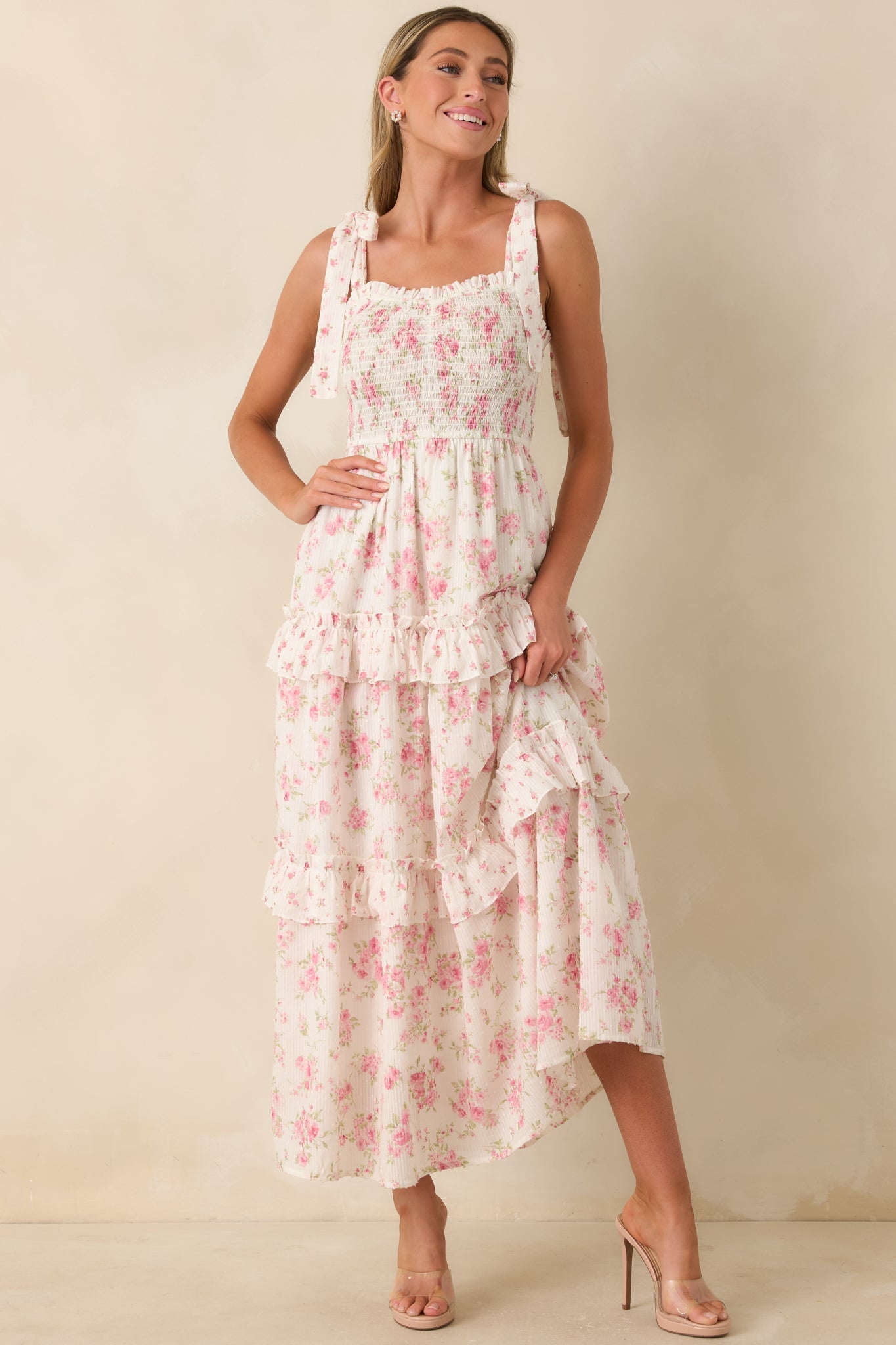 Afternoon Like This Ivory & Pink Floral Ruffle Tiered Cotton Midi Dress